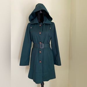 Michael Kors Belted Trench Coat Teal Green with Brown Buttons Hooded Jacket